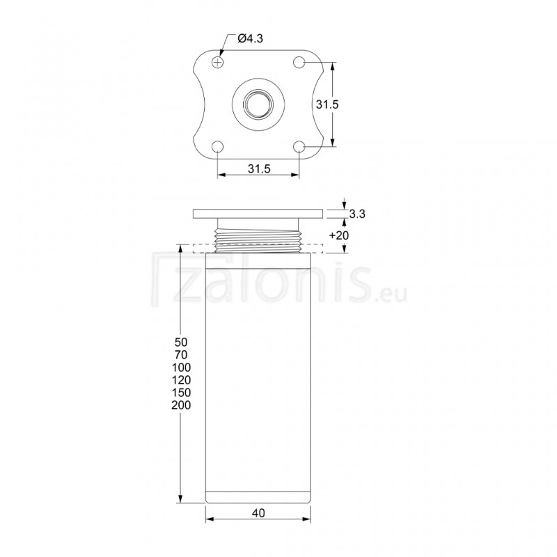 LEG KM 40x40 / MAT ALUMINIUM
